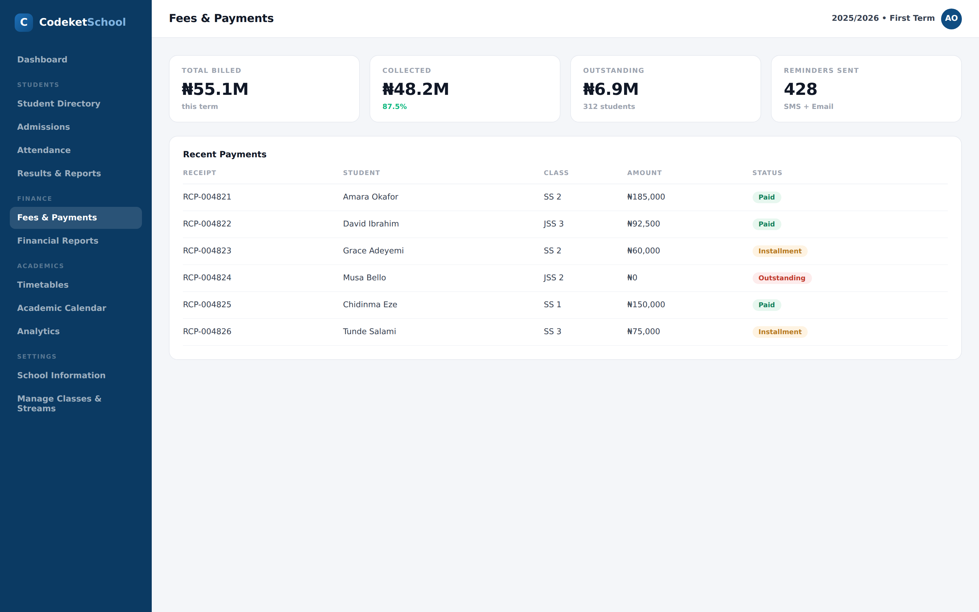 Fees screen